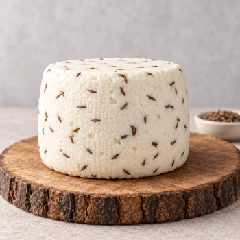 Niewędzony ser podpuszczkowy z kminkiem 350g na okrągłej drewnianej podstawce